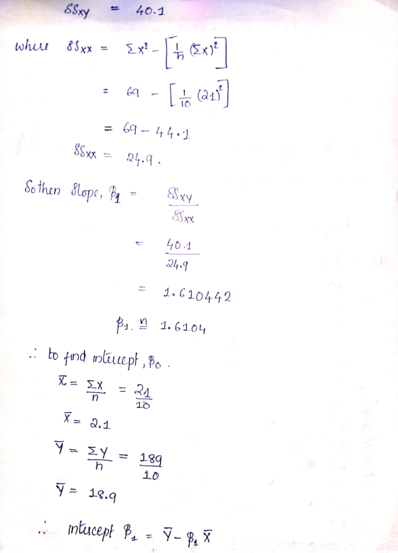 SSxy 40.1 where 85xx = Eye- - [ h 1, 6587 [to (213 69 = 69 -44.1 8SXX 21.9. So then slope, By Sxy SSXX 40.1 24.9 - 1.610442 P