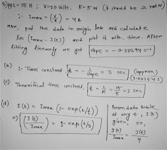 4.) ) L= 15 H ; V=20 Volts, R=5w Cit should be a notw) : Imax = (1/²) = 4A now, put the data in origin lab and calculate bin