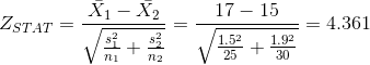 X1 - X2 17 - 15 ZSTAT = = 4.361