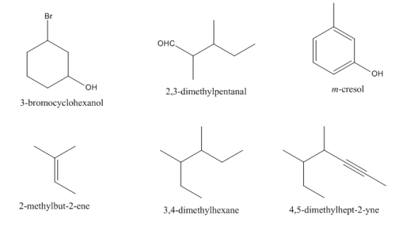 Br ОнС но. OH m-cresol 2,3-dimethylpentanal 3-bromocyclohexanol 2-methylbut-2-ene 4,5-dimethylhept-2-yne 3,4-dimethylhexane