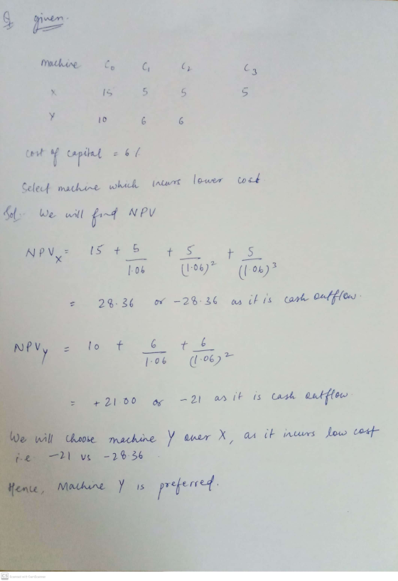 G ginen. machine ( (3 is 5 5 10 6 6. cost of capital =64 Select machine which incurs lower cost Sol. We will find NPV 5 NPV =