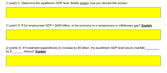 (1 point) C. Determine the equilibrium GDP level. Briefly explain how you derived this answer: (1 point) D. If full employmen