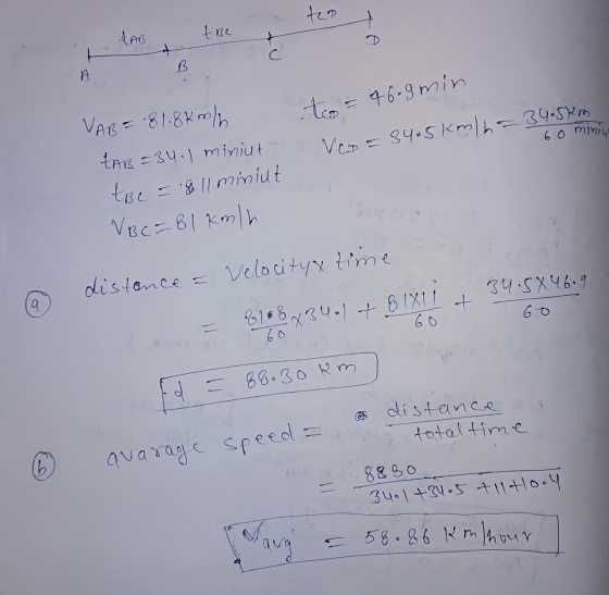 teo ABC it C A to = 46.9min Vo = 34.5km/h = 34.5km 60 miny VAB = -81.8km/h EAR=34. 1 minut tBe = & 11 miniut VBC= 81 km/h di