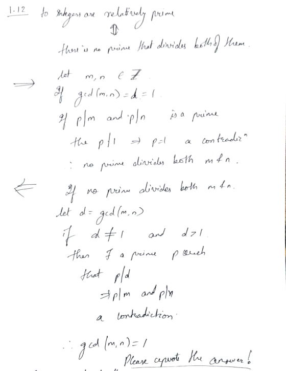 1.12 to Integers are relatively prime there is no prone that divides both of them. let min e Z. H ged (m,n) adal 4 plm and up