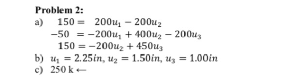 Problem 2: a) 150 200111-200u2 -50 =-200u, + 400112-200u3 150200u2 450u3 b) u2.25in, u2 c) 250 k 1.50in, u 1.00in