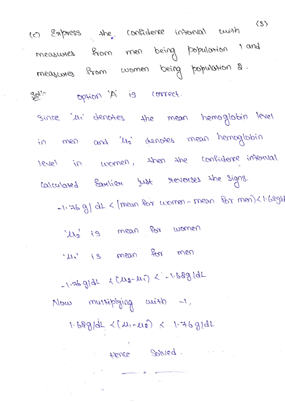 (3) Express the confidence interval with 9 and measwies Prom men being population being population and from women meas wres 3