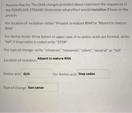 Assume that the The DNA changes provided above represent the sequences in the TEMPLATE STRAND. Determine what effect would mu