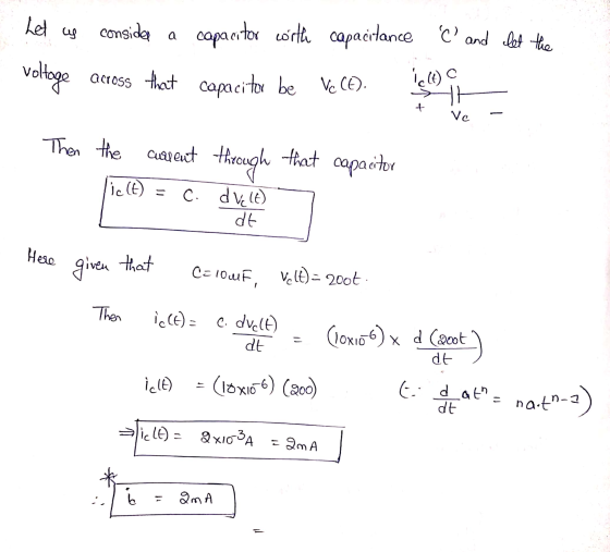 Let us consider a capacitor with capacitance @ and let the voltage across that capacitor be ve Ct). elt) c 11 + Ve Then the