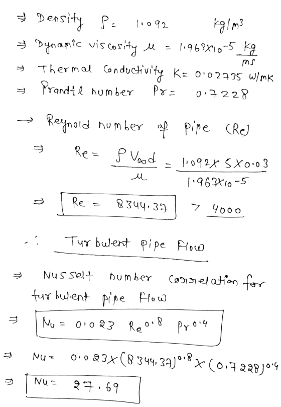 & Density T1092 kg/m3 si & Dynamic viscosity u = 1.963x10-5 Kg Thermal Conductivity K= 002735 W/mK → Prandte number Pg= 0.72