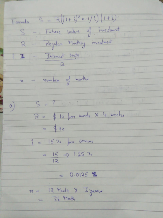 Formula S = R((1+ i)^n-1/2) (1 + i) . S -. Future value of investment R - Regular Monthly investment Interest rate 12 n a num