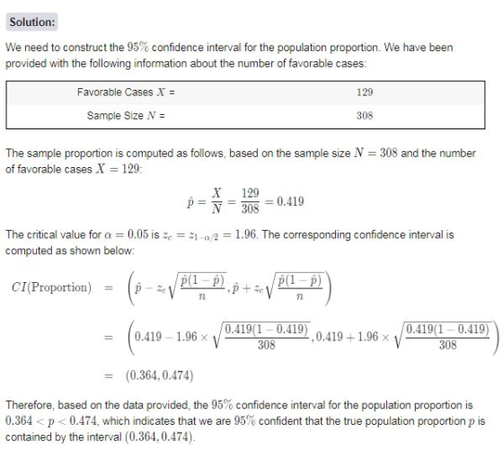 Solution: We need to construct the 95% confidence interval for the population proportion. We have been provided with the foll