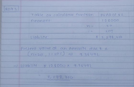Rea 3 Table or calculatos function payment n = i = Liability PUAP OF $1 1280oo 20 10% 1 298,710 present value of an (n=20 - 1
