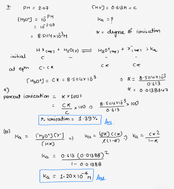 PH=2.07 (H30t) = 10 P14 = 10- 2:07 CHYJ = 0.613 M = 0 ka =? x= degree of icnisation = 8.5114x153M MX cool.3 + H2O() = H30tcom