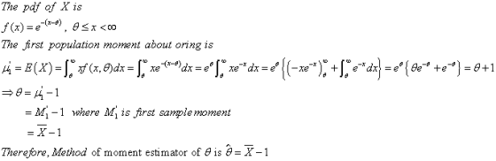 The pdf of X is $ (x)=&=(-0), 95x<00 The first population moment about oring is A = F(X)= I = (x, dx = | xe tax = | xe”dx = (