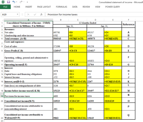 X GS FILE HOMEINSERT Consolidated statement of income - Microsoft VIEW POWER QUERY PAGE LAYOUT FORMULAS DATA REVIEW Reference