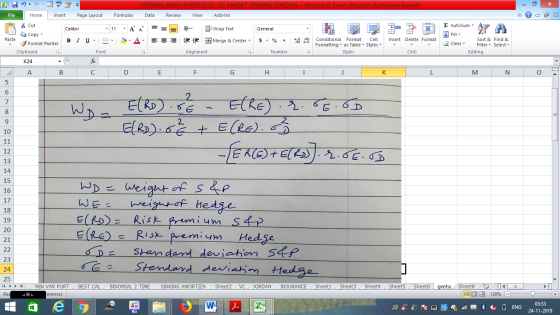 OPTIMAL RISKY PORTFOLIO VC AMORT SINKING JORDAN - Microsoft Excel (Product Activation Failed) Data Review View Add-Ins Formul