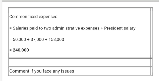 Common fixed expenses = Salaries paid to two administrative expenses + President salary = 50,000 + 37,000 + 153,000 = 240,000