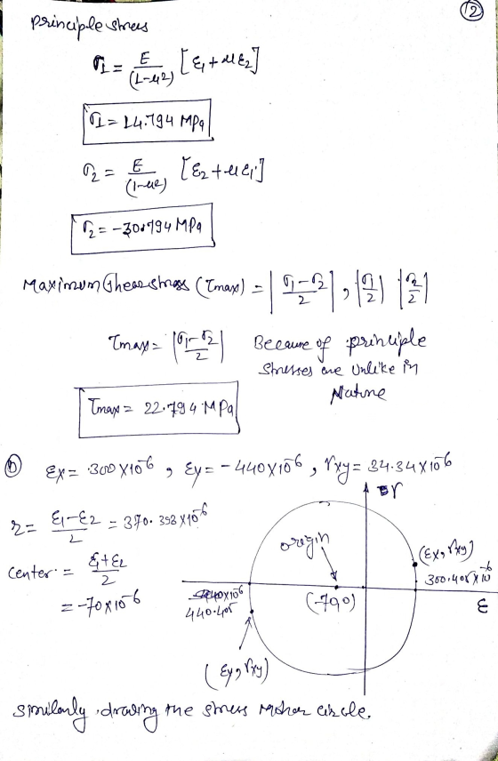 12 principle strees PL E [et allez (4-42) = 24.994 MPa 92= 6 [Eztuar (1-12) 12 = -300994 MPa (Tmav) = Maximum Thearsings (Ima