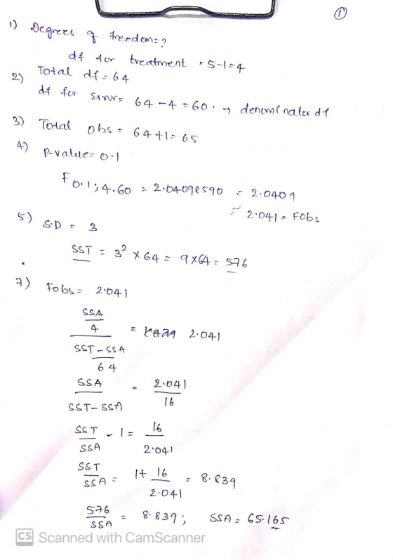 1) Degrees of freedom= ? df for treatment 15-1=4 Total df = 64 dt for Exmurs 64--4 = 60, y denominaler det 2) 3) Total obs 64
