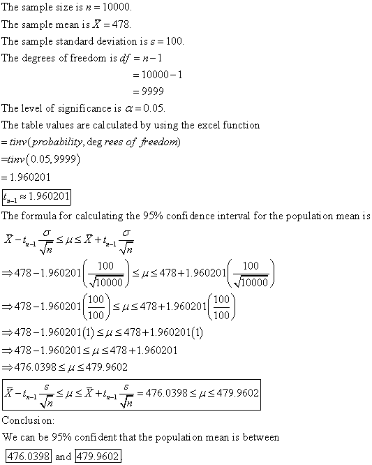 The sample size is n 10000 The sample mean isX 478 The sample standard deviation is s 100 The degrees of freedom is df n-1 -1