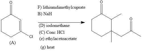 F) lithiumdimethylcuprate B) NaH (D) iodomethane (C) Conc HCl (e) ethylacetoacetate (g) heat Cl