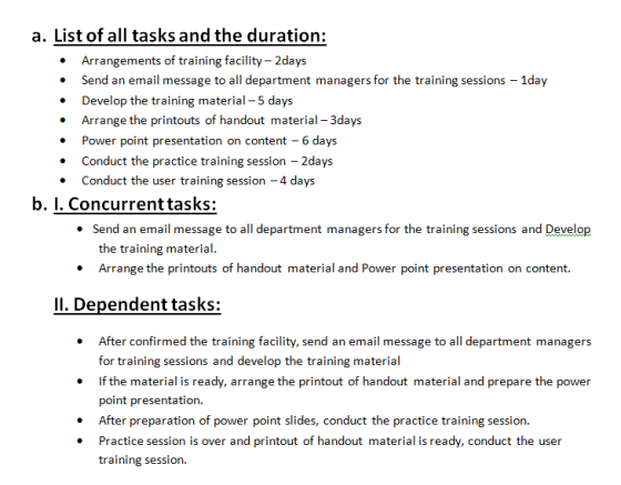 a. List of all tasks and the duration: Arrangements of training facility - 2days • Send an email message to all department ma