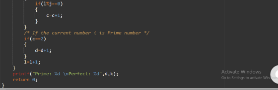if(1%j==0) { } C=C+1; } /* If the current number i is Prime number */ if(c==2) { d=d+1; } 1=1+1; } printf(Prime: %d\nPerfect
