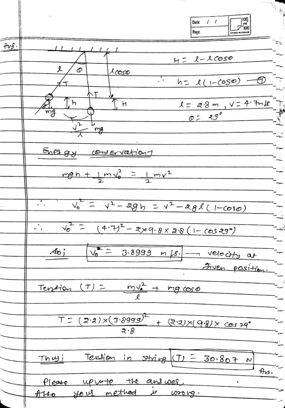 Date 7100 11 100 Page SET NUTTOCOK Aus. ☆ 4= e-l coso e lcoso h = e(1-coso) Th TH e = 2.8m v=4.7ml mg ©= ago mg Energy conse