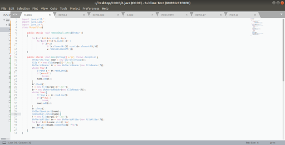 -/Desktop/CODE/A.java (CODE) - Sublime Text (UNREGISTERED) File Edit Selection Find View Goto Tools Project Preferences Help