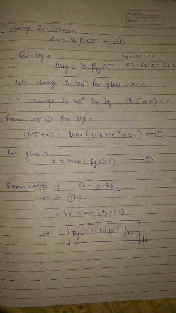 Page No. Date change in Volume AV VORAT. for Hy Vo=1000cc AT = 52° c = 52k ΔΝμα. - Aving - Vo Brug AT AT = 50 c= 52k ut chang