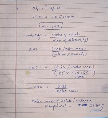 otpoi.kp.m 1x5.100m 15.74 - 1 m = 3.07 molatity moles of solute mass of solvent (kg) = (mass/andar mess) yolume x density) 3.