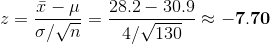 z=\frac{\bar{x}-\mu}{\sigma/\sqrt{n}}=\frac{28.2-30.9}{4/\sqrt{130}}\approx \mathbf{-7.70}