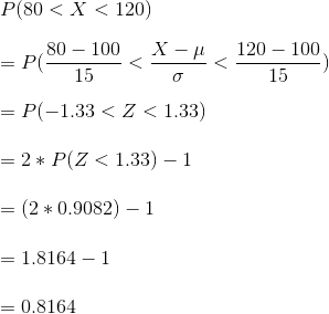 \\ P(80 < X < 120) \\\\ = P(\frac {80-100}{15} < \frac {X -\mu}{\sigma} < \frac {120 -100}{15}) \\\\ = P(-1.33 < Z < 1.33) \\\\ = 2 * P(Z < 1.33) - 1 \\\\ = (2 * 0.9082) - 1 \\\\ = 1.8164 - 1 \\\\ = 0.8164