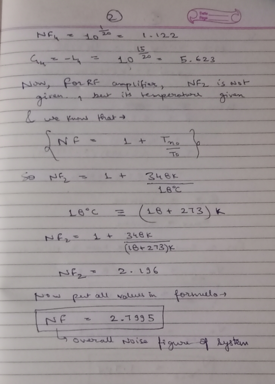 Dato Nou to I-122 15 Gu - 5.623 Now, for RF amplifiers, NF2 is not given. its temperature given & we know that → LNE 1 + Tho