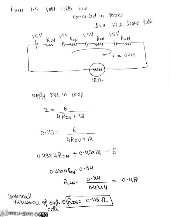 four 1.5 Volt call connected in series to a lar light bulb 1-5 V 1.5 V 15v l.sv RIN RIN REN BE ww th 과 I: 0.43 ww lar apply K