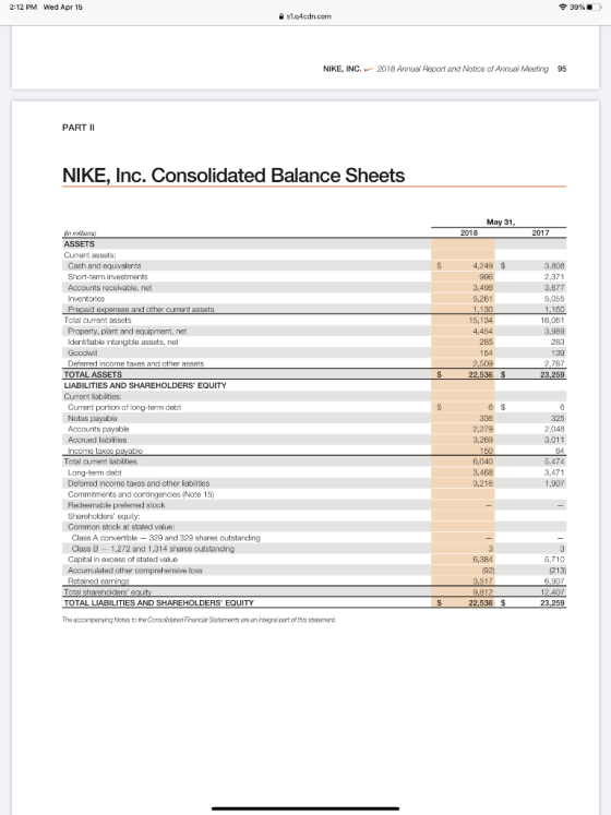 2:12 PM Wed Apr 15 39% ). 51.04cdn.com NIKE, INC. 2018 Annual Report and Notice of Annual Meeting 95 PART II NIKE, Inc. Conso