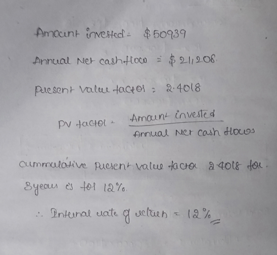 Amount invested $50939 Annual Net cash flow - $211208. puesent value tactol = 2.4018 PV factol 2 Amount invested Annual net c
