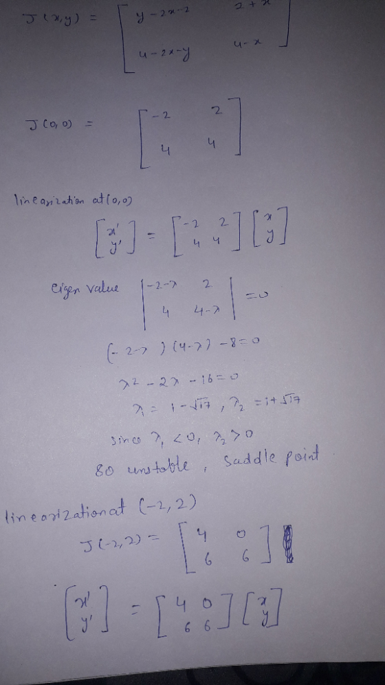 y22 4-2 u-2-9 2 - 2 lneaahion at io,0 eigen Value -2-7 2 C 24-7 (2-7 (4-71-3-0 2-22- 16 =0 Saddle poid Bo unstoble ineorizati
