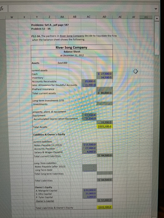 w Y Z AA AB AC AD AE AF AG Problems: Set A, pdf page 587 Problem 12 - 3A P12-3A. The partners in River Song Company decide to
