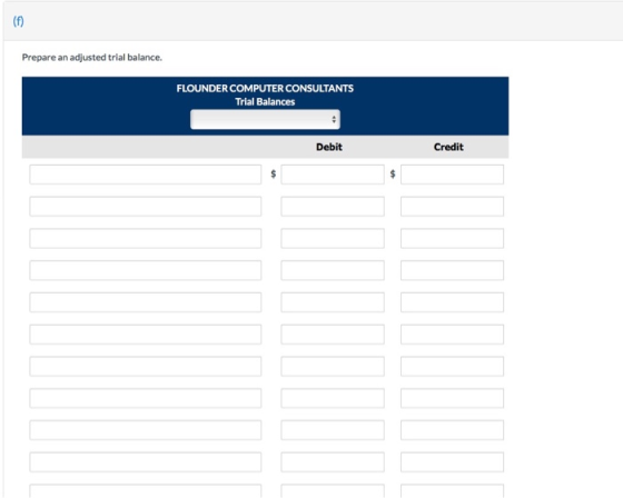 Prepare an adjusted trial balance. FLOUNDER COMPUTER CONSULTANTS Trial Balances Debit Credit