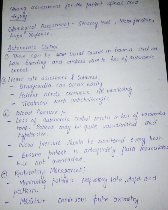 Nursing assessment for the patent s Akimological Asse ssment Sensory level , Motor fun chions Pubil resonse. Autonomic Contol