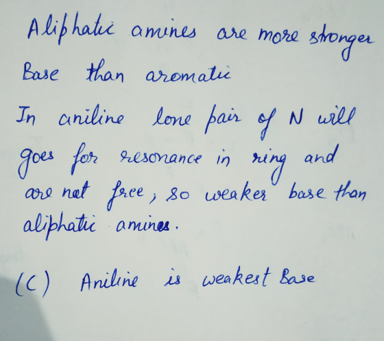 Aliphatic amines are more stronger Base than aromatic In aniline lone pair of n will goes for resonance in ring and are not f