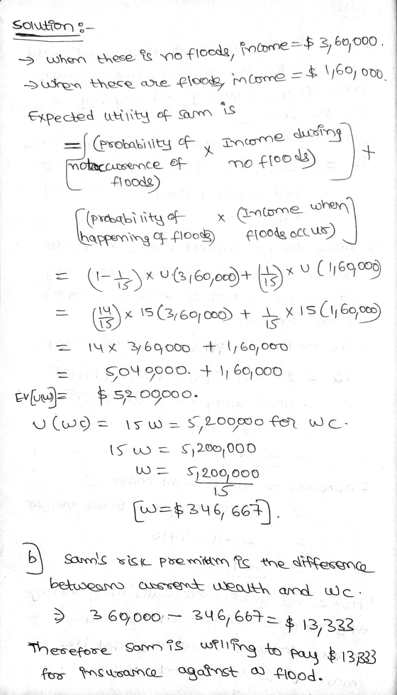 solution : » when there is no floods, income=$ 3, 60,000 , s when there are floode, income = $ 1,60,000. Expected utility of