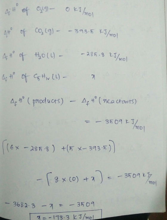 0 KT mol AiH of 029) - Oksmo to of co(g) – – 393.5 kJ/mol 4 t of $20 (1) - - 285.8 kJ/mol Ap to of CG Hw (1) - 4p tº (product