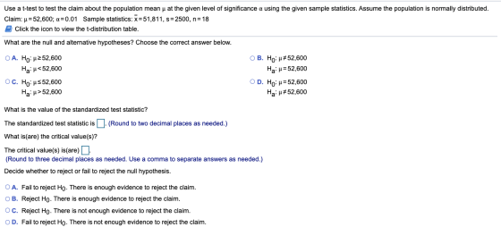 Use a t-test to test the claim about the population mean u at the given level of significance a using the given sample statis