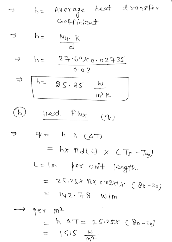 b= Average heat transfer Coefficient TT ba Nuk d T h 27.69%0.02735 ll 0:03 ha 25.25 W b Heat flux (9 A qa h A (AT) = =hx TdLL