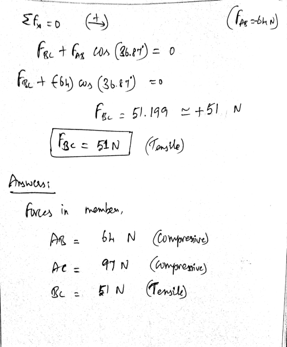 Efx=0 (PAe=th N 0 Foct FAR cos (26.8%) = 0 fact f6h) as (36.87) FBc = 51.199 ~ +51 N (Tenstle) FBc = GIN Answers forces in me