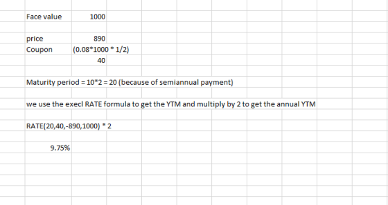 Face value 1000 price Coupon 890 (0.08*1000 * 1/2) 40 Maturity period = 10*2 = 20 (because of semiannual payment) we use the