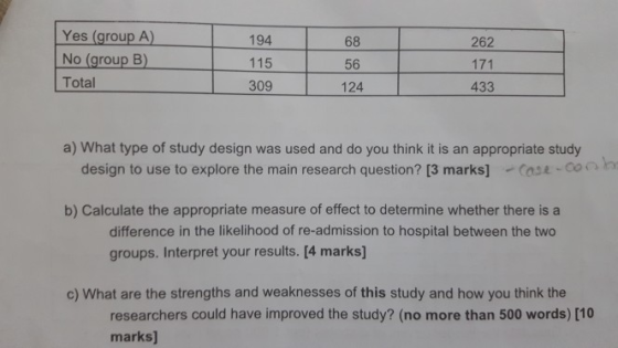 Yes (group A) 194 262 68 56 124 No (group B) 1 115 Total 309 433 a) What type of study design was used and do you think it is