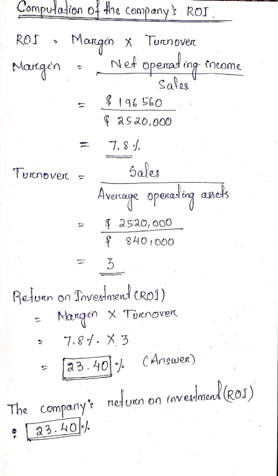 Computation of the companys ROJ. ROS , Mangen X Turnover Maregen - Net operading income sales : $196560 { 2520.000 = 7.8.4.